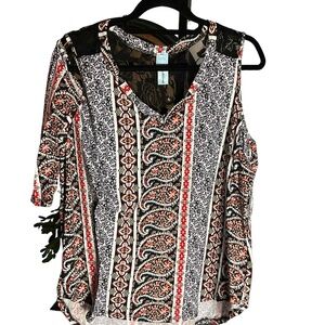M. Fasis Womens Multicolor Shoulder Cutout V-neck Tunic Blouse Size M  NWOT